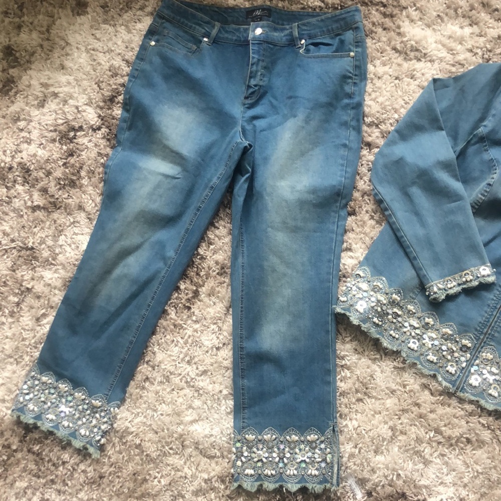 Midnight Velvet embellished Denim Pant Set with Distressed Light Blue Wash